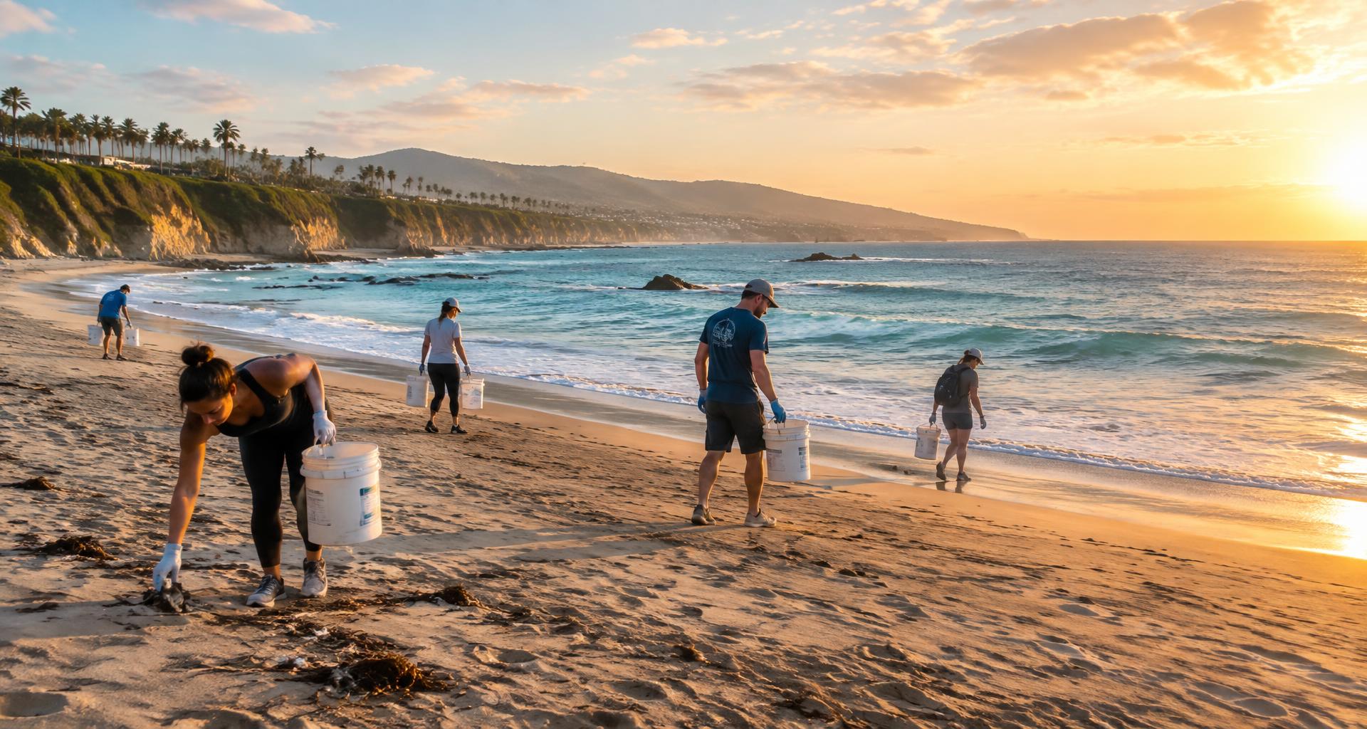 Volunteers collecting rubbish on a coastline at golden hour